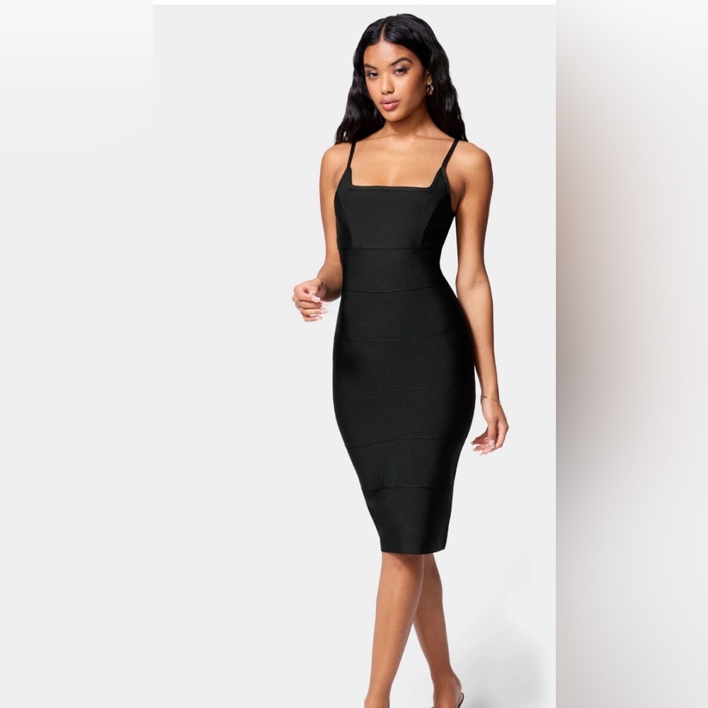 NWT bebe Black Faux Leather Bodcon Midi Dress - Spaghetti Straps